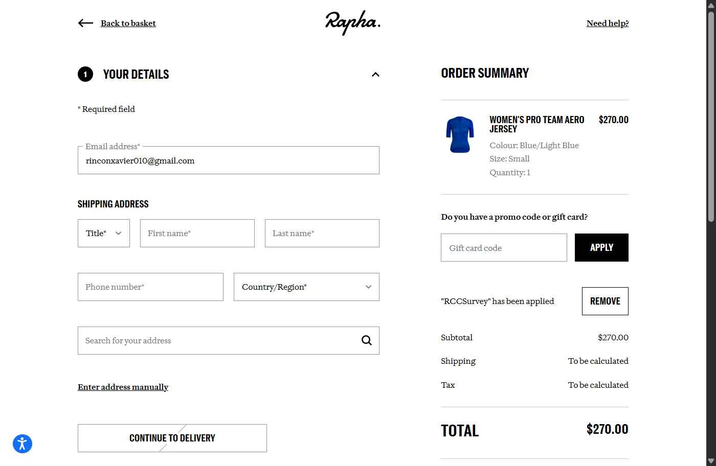 Rapha checkout page showing Rapha promo code box | Screenshot taken by SimplyCodes community member on Dec 20, 2025