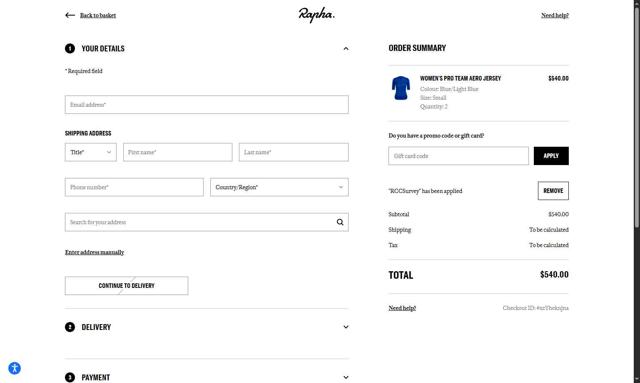 Rapha checkout page showing Rapha promo code box | Screenshot taken by SimplyCodes community member on Sep 8, 2025