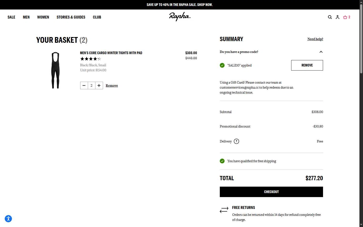 Rapha checkout page showing Rapha promo code box | Screenshot taken by SimplyCodes community member on Jan 6, 2026