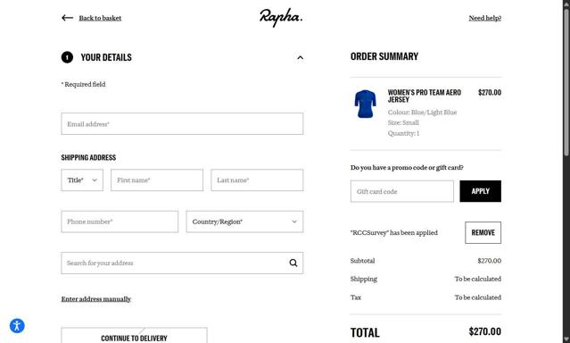 Rapha checkout page showing Rapha promo code box | Screenshot taken by SimplyCodes community member on Sep 23, 2025