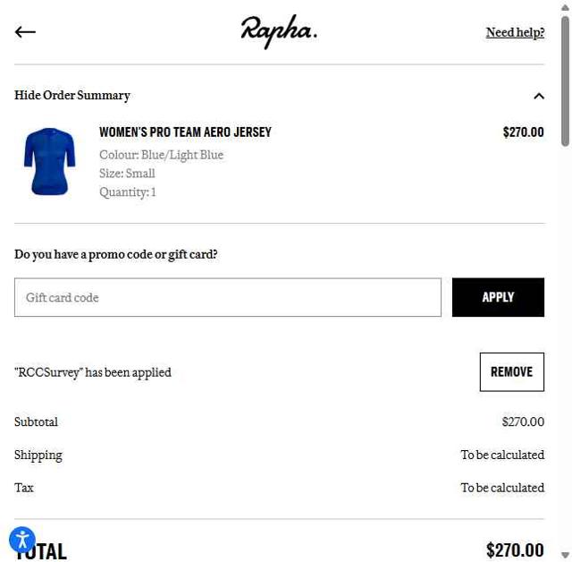 Rapha checkout page showing Rapha promo code box | Screenshot taken by SimplyCodes community member on Sep 23, 2025