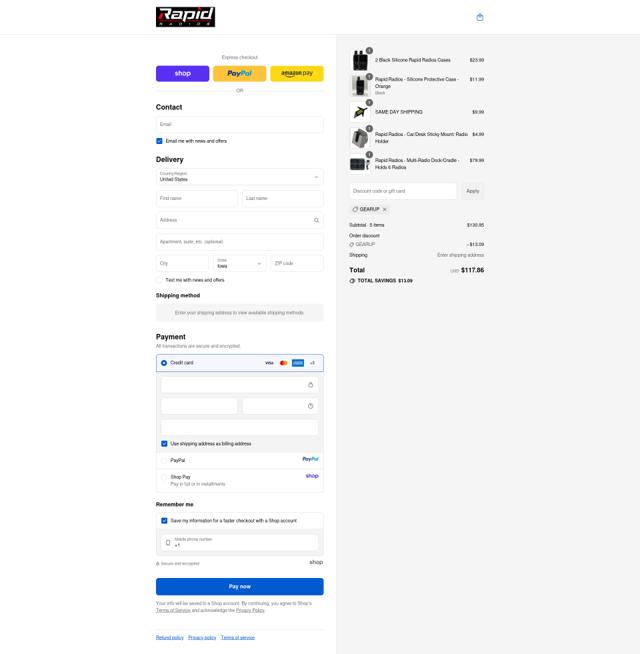 Rapid Radios checkout page showing Rapid Radios discount code box | Screenshot taken by SimplyCodes community member on Sep 15, 2025