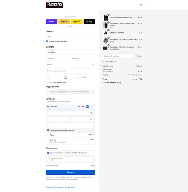 Rapid Radios checkout page showing Rapid Radios discount code box | Screenshot taken by SimplyCodes community member on Sep 15, 2025