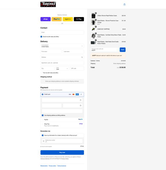 Rapid Radios checkout page showing Rapid Radios discount code box | Screenshot taken by SimplyCodes community member on Sep 15, 2025