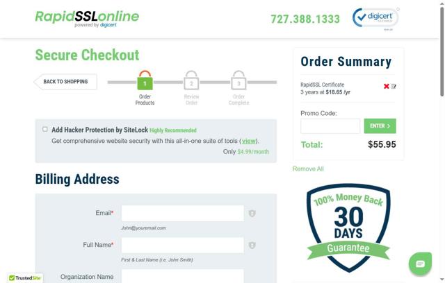 RapidSSLonline checkout page showing RapidSSLonline promo code box | Screenshot taken by SimplyCodes community member on May 26, 2025