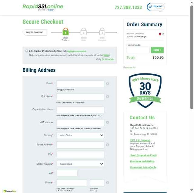 RapidSSLonline checkout page showing RapidSSLonline promo code box | Screenshot taken by SimplyCodes community member on May 26, 2025
