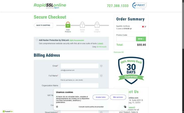RapidSSLonline checkout page showing RapidSSLonline promo code box | Screenshot taken by SimplyCodes community member on Jul 6, 2025