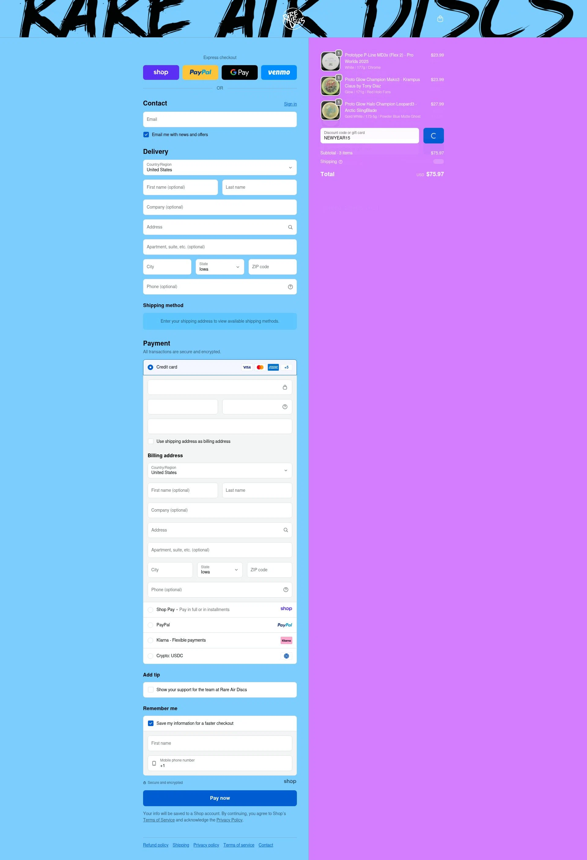 Rare Air Discs checkout page showing Rare Air Discs discount code box | Screenshot taken by SimplyCodes community member on Jan 7, 2026