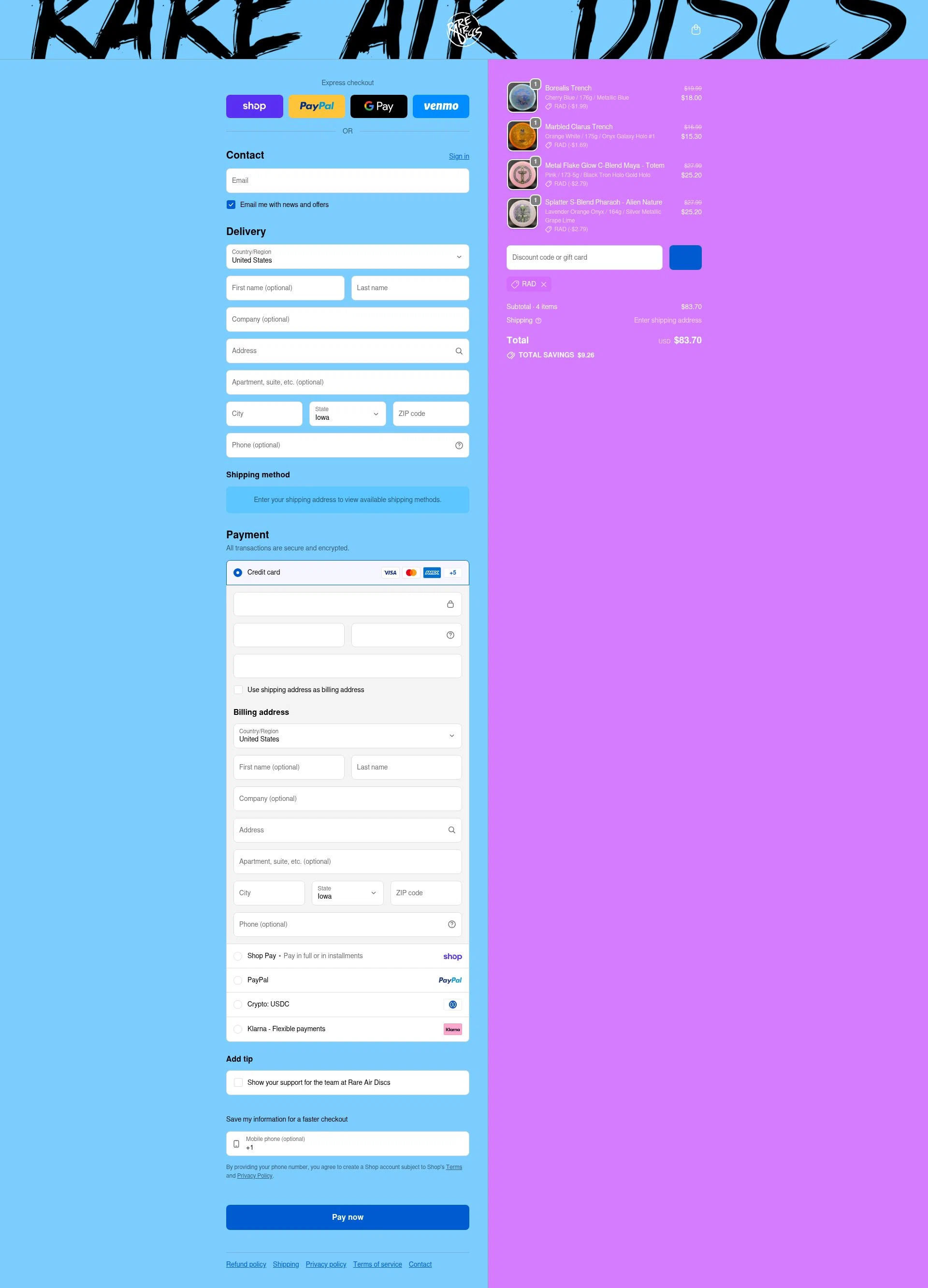 Rare Air Discs checkout page showing Rare Air Discs discount code box | Screenshot taken by SimplyCodes community member on Feb 9, 2026