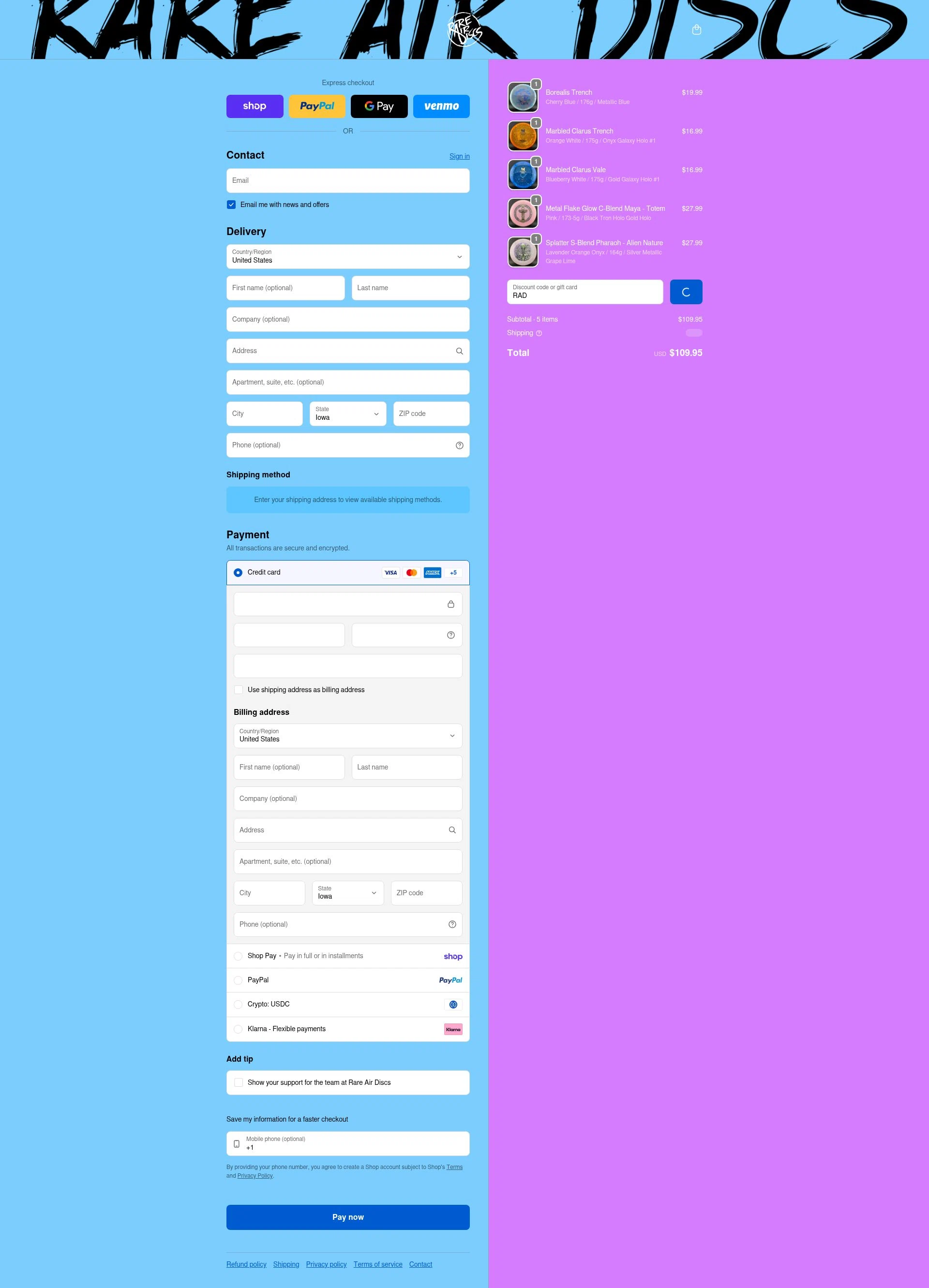 Rare Air Discs checkout page showing Rare Air Discs discount code box | Screenshot taken by SimplyCodes community member on Jan 31, 2026