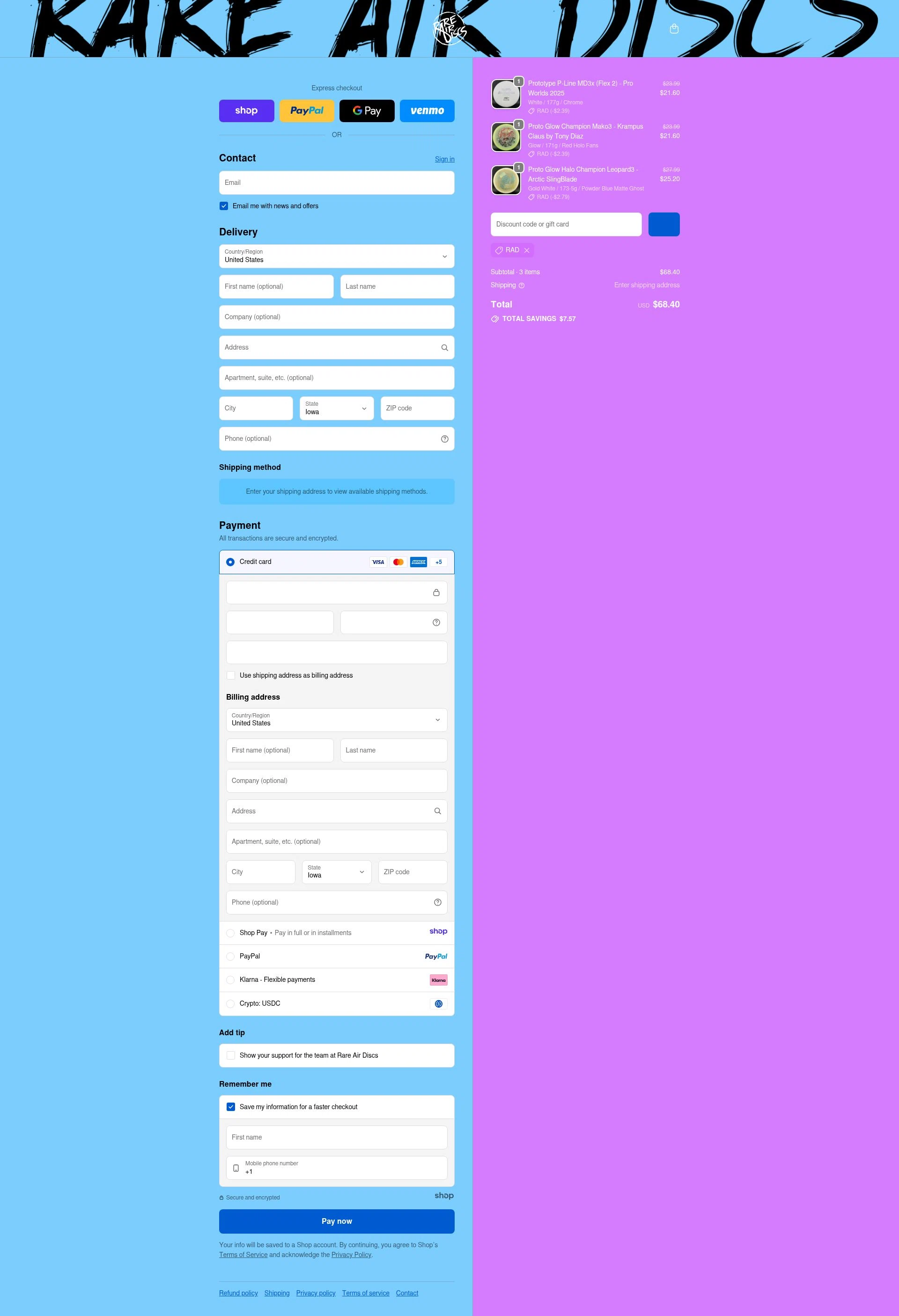 Rare Air Discs checkout page showing Rare Air Discs discount code box | Screenshot taken by SimplyCodes community member on Jan 7, 2026