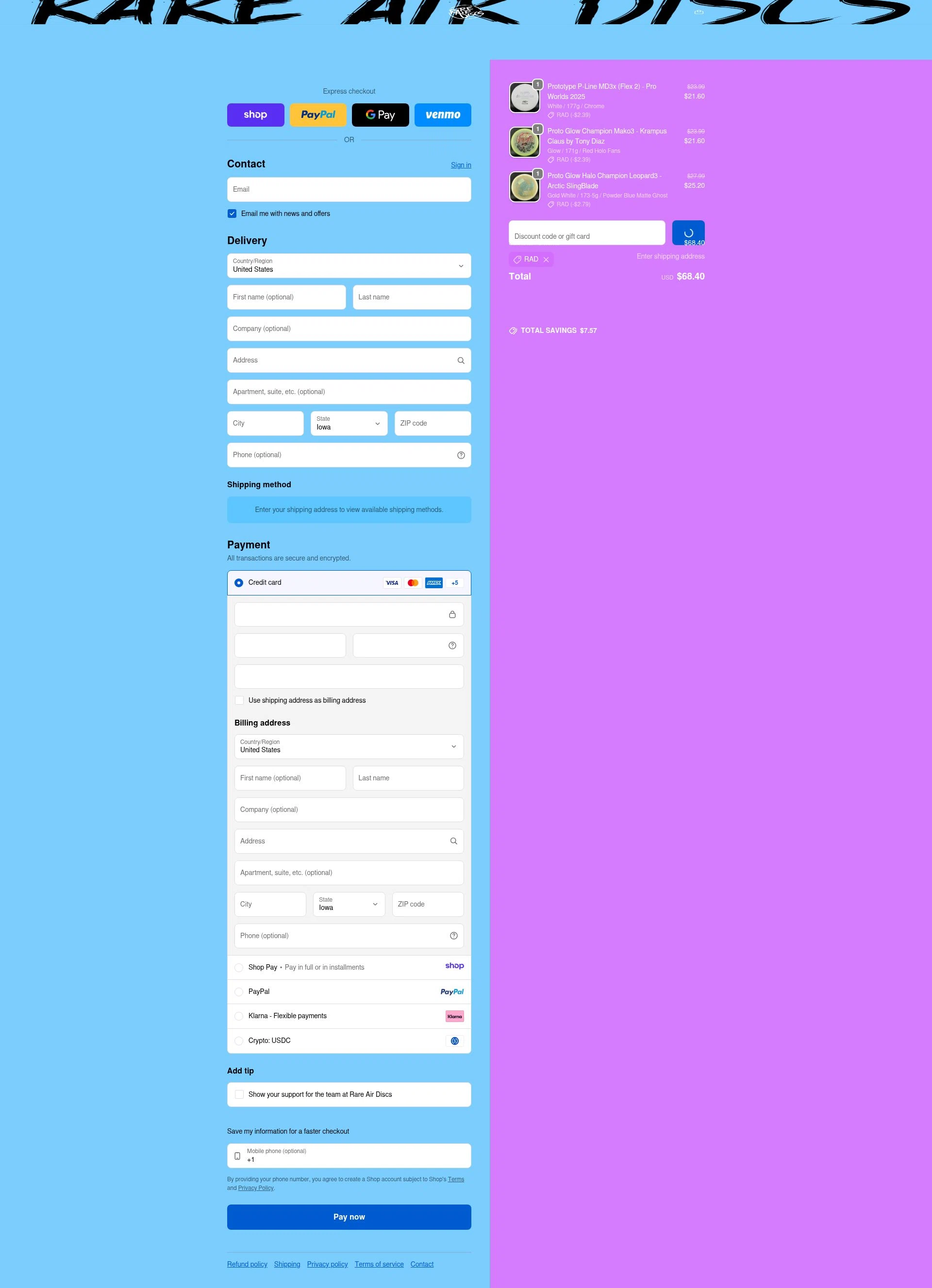 Rare Air Discs checkout page showing Rare Air Discs discount code box | Screenshot taken by SimplyCodes community member on Jan 17, 2026