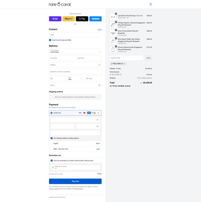 Rare Carat checkout page showing Rare Carat discount code box | Screenshot taken by SimplyCodes community member on Aug 31, 2025