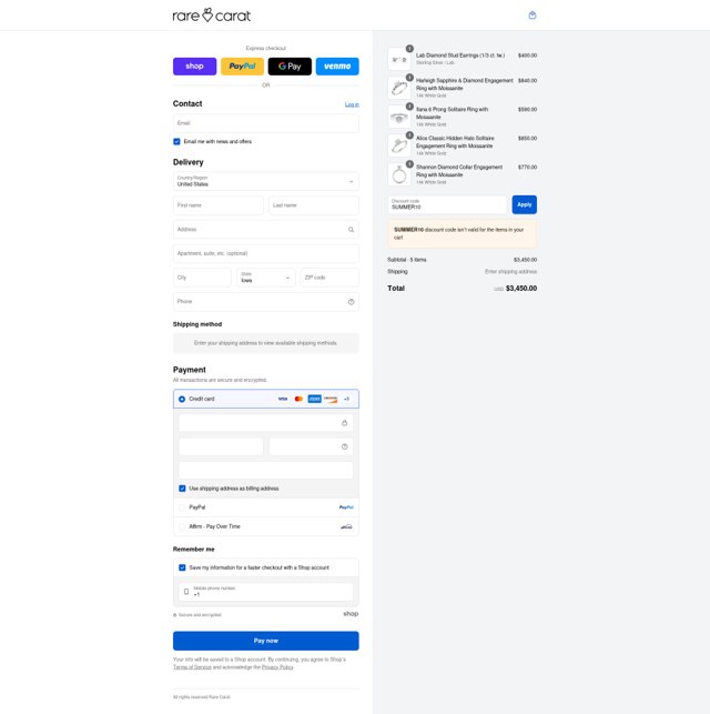 Rare Carat checkout page showing Rare Carat discount code box | Screenshot taken by SimplyCodes community member on Sep 4, 2025