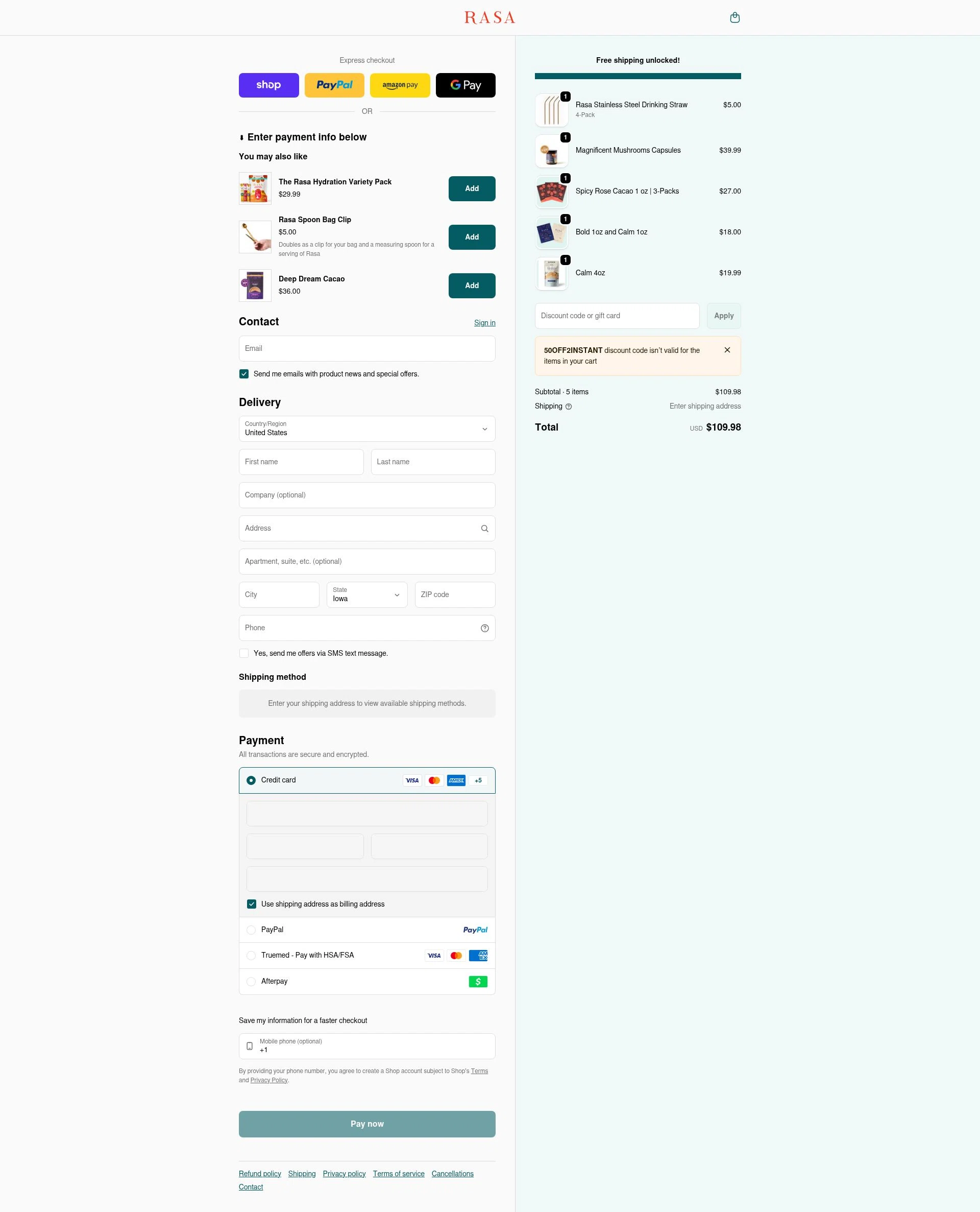 Rasa checkout page showing Rasa discount code box | Screenshot taken by SimplyCodes community member on Feb 5, 2026