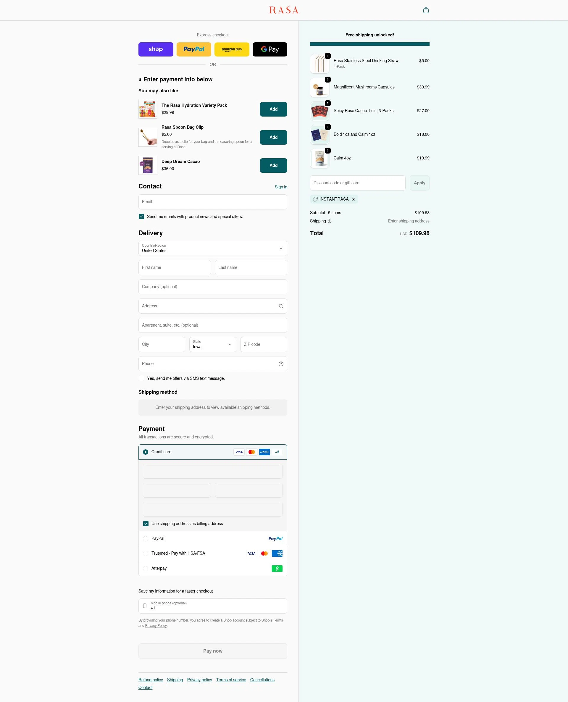 Rasa checkout page showing Rasa discount code box | Screenshot taken by SimplyCodes community member on Feb 5, 2026