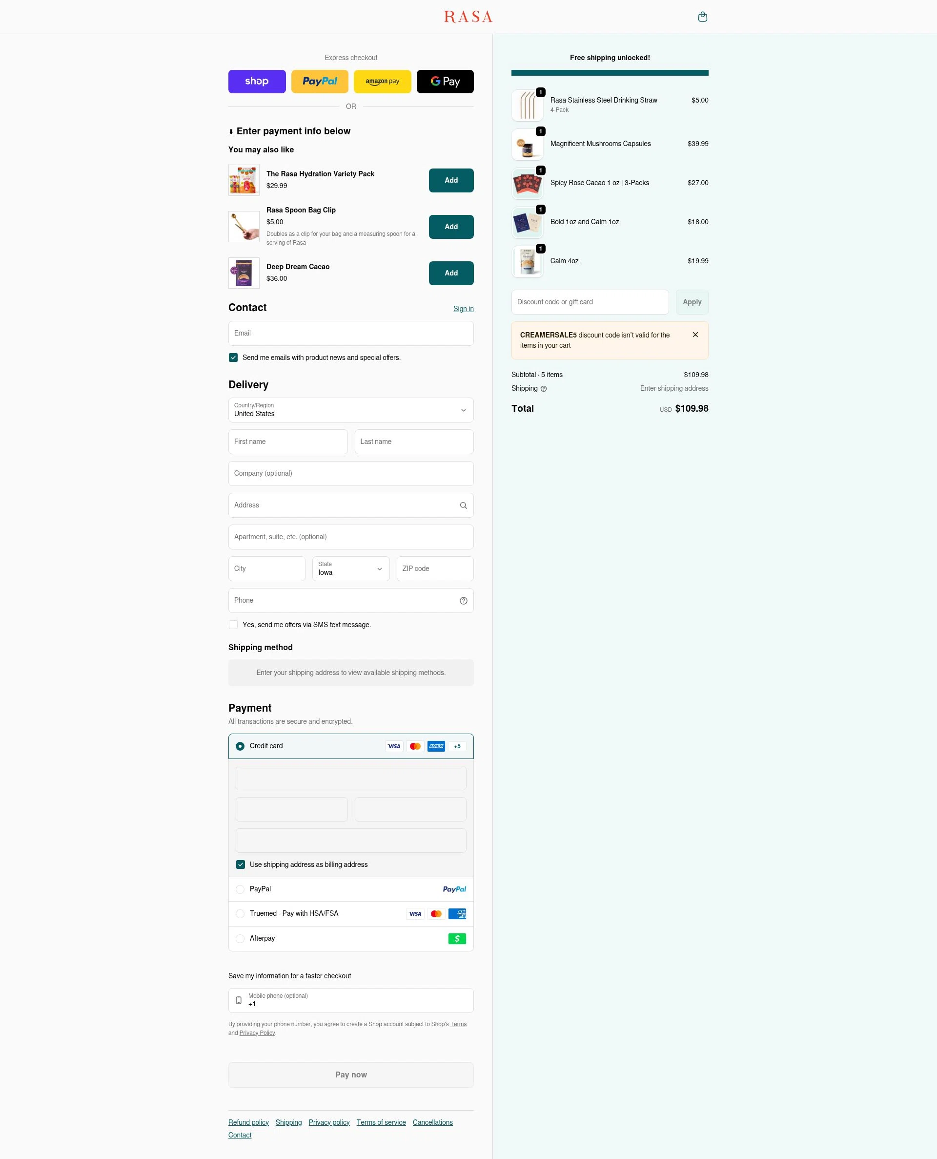 Rasa checkout page showing Rasa discount code box | Screenshot taken by SimplyCodes community member on Feb 5, 2026