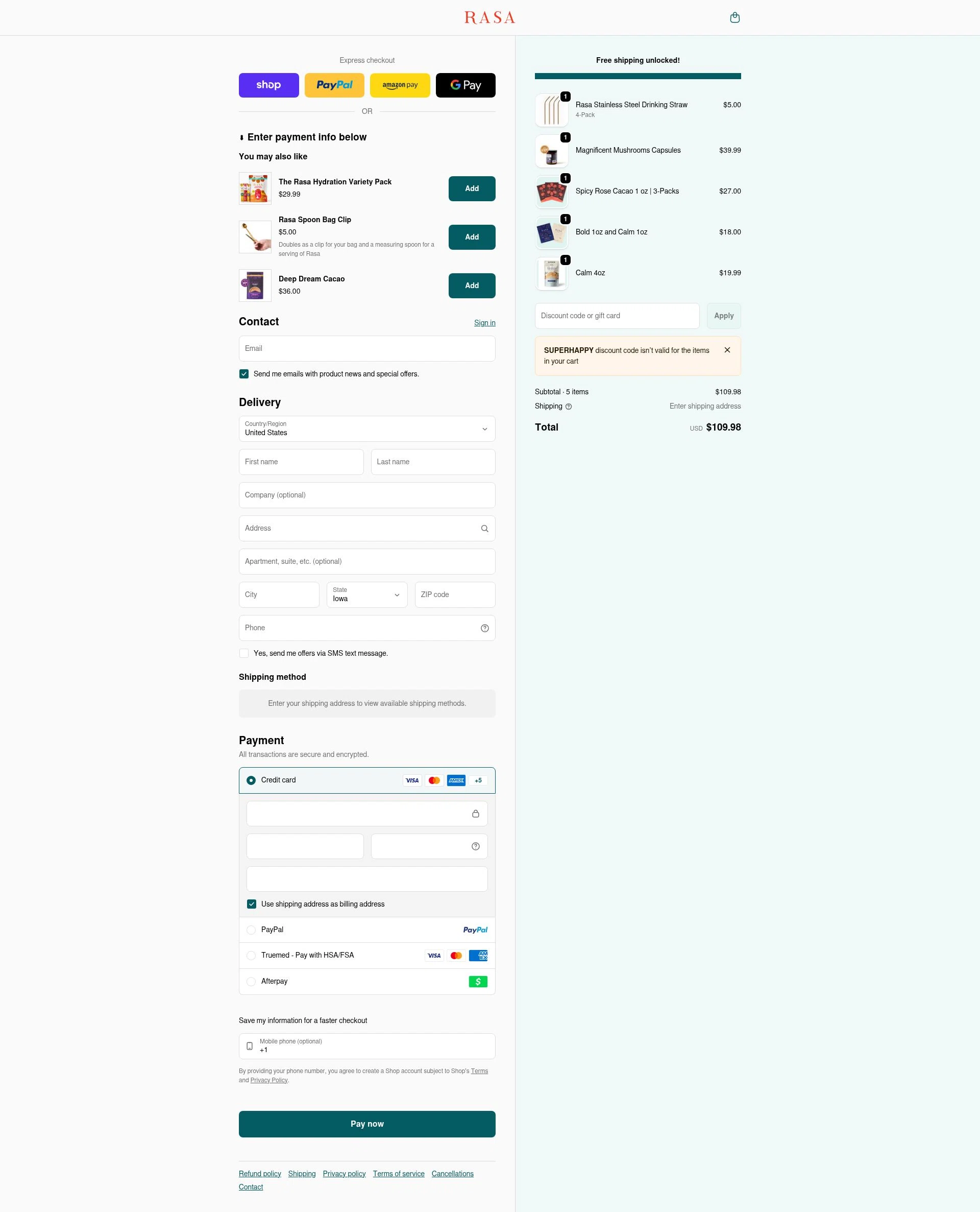Rasa checkout page showing Rasa discount code box | Screenshot taken by SimplyCodes community member on Feb 1, 2026