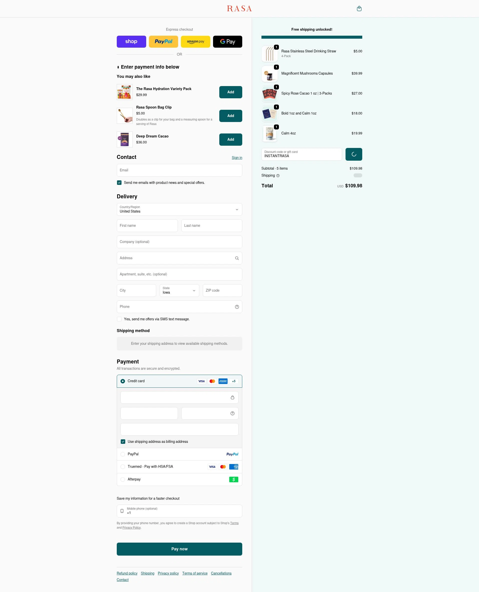 Rasa checkout page showing Rasa discount code box | Screenshot taken by SimplyCodes community member on Feb 1, 2026
