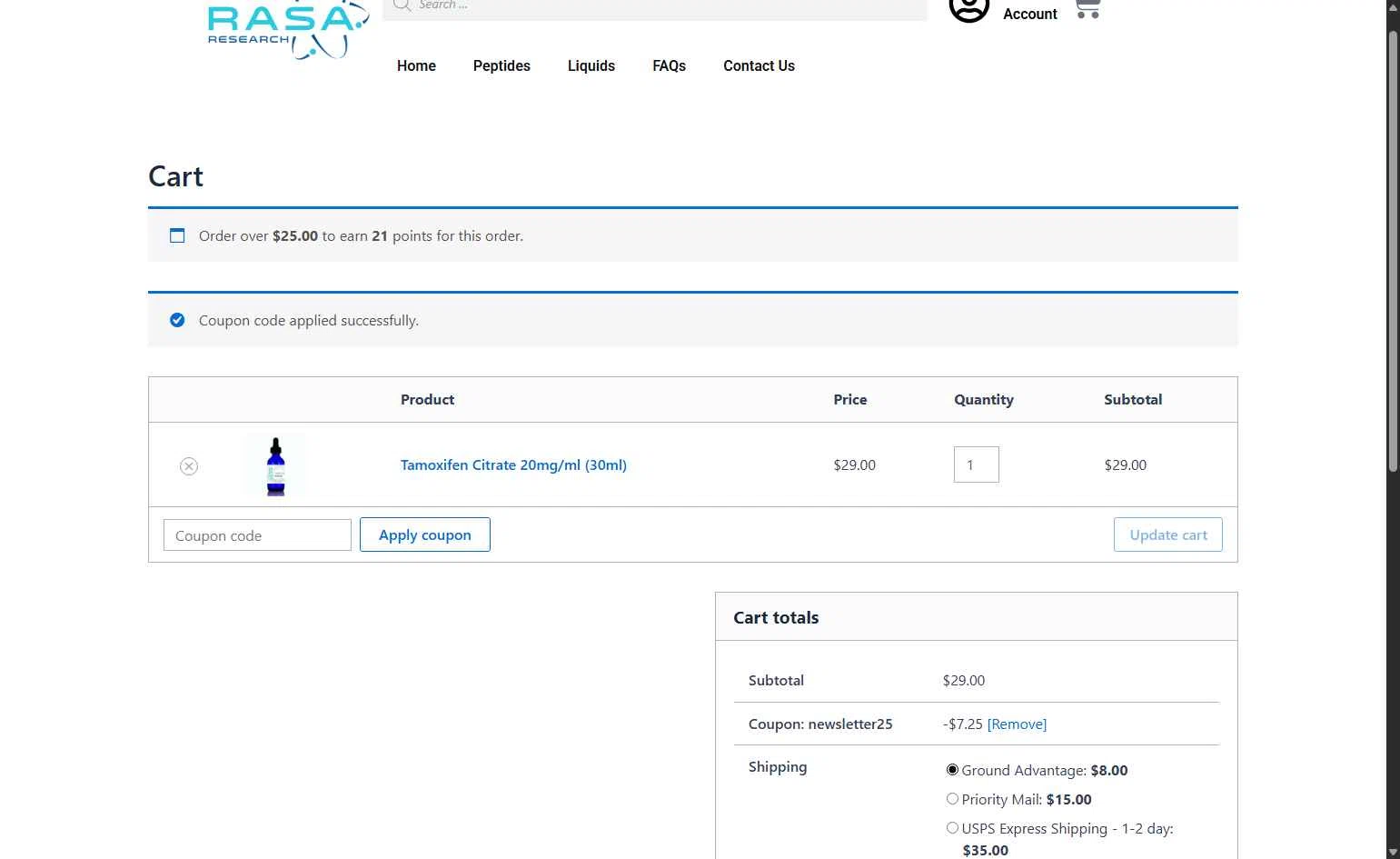Rasa Research checkout page showing Rasa Research coupon code box | Screenshot taken by SimplyCodes community member on Oct 3, 2025