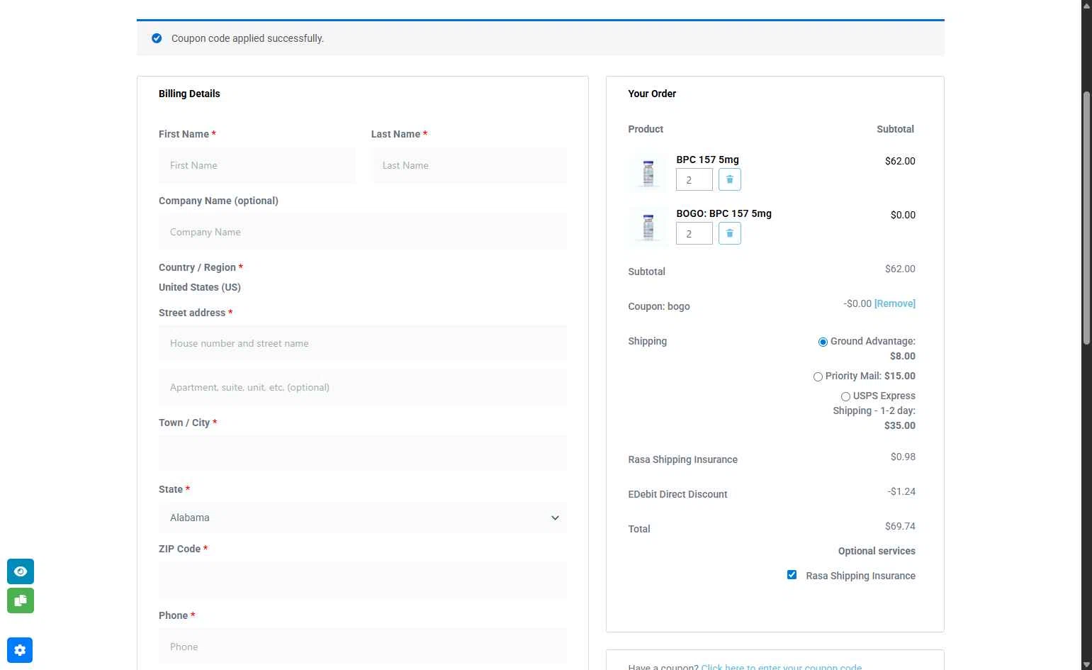 Rasa Research checkout page showing Rasa Research coupon code box | Screenshot taken by SimplyCodes community member on Jan 12, 2026