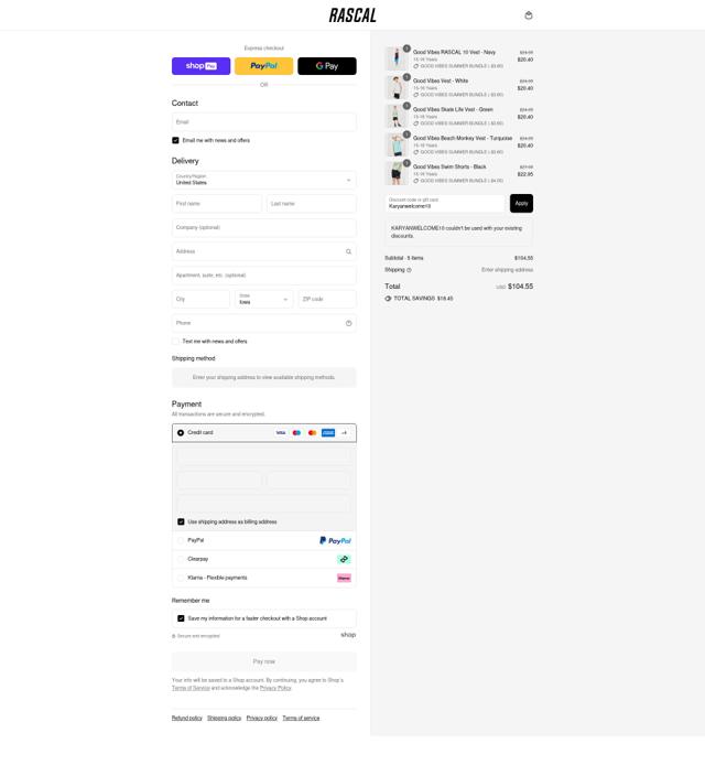 Rascal Clothing checkout page showing Rascal Clothing discount code box | Screenshot taken by SimplyCodes community member on Jul 19, 2025