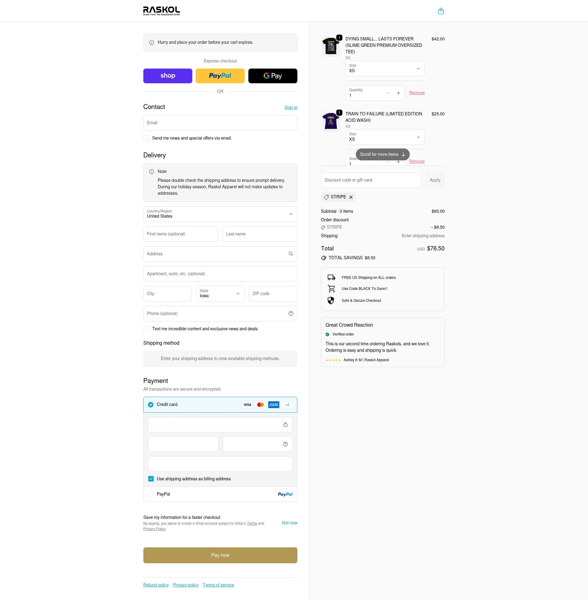 Raskol Apparel checkout page showing Raskol Apparel discount code box | Screenshot taken by SimplyCodes community member on Feb 18, 2026