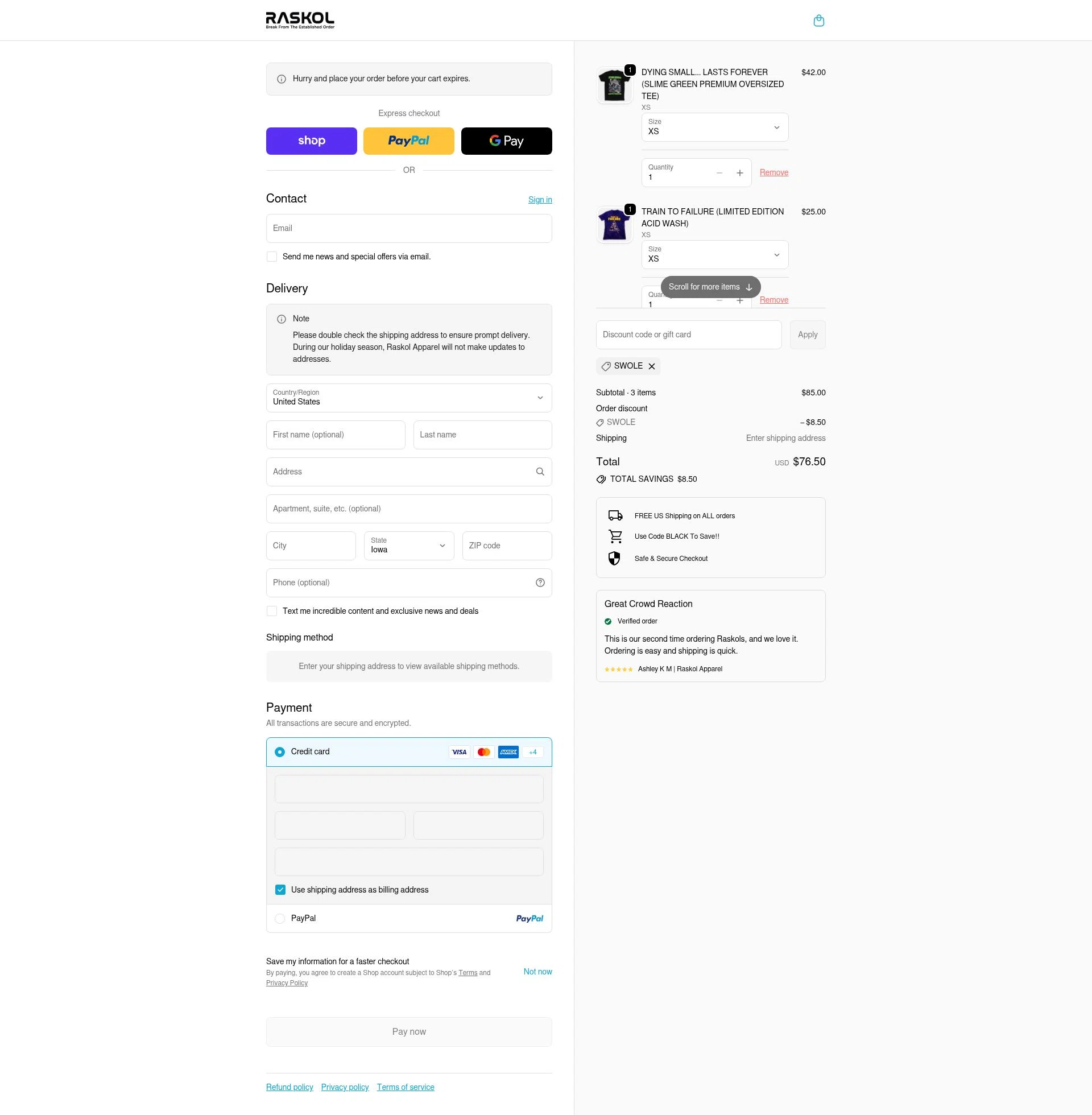 Raskol Apparel checkout page showing Raskol Apparel discount code box | Screenshot taken by SimplyCodes community member on Feb 18, 2026
