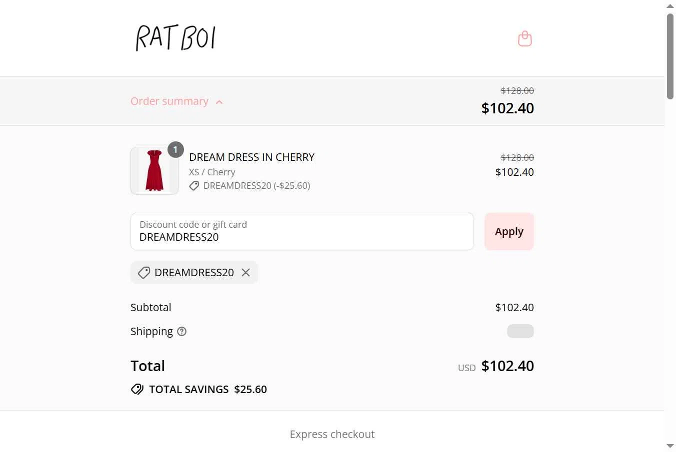 RAT BOI checkout page showing RAT BOI discount code box | Screenshot taken by SimplyCodes community member on Jul 30, 2025