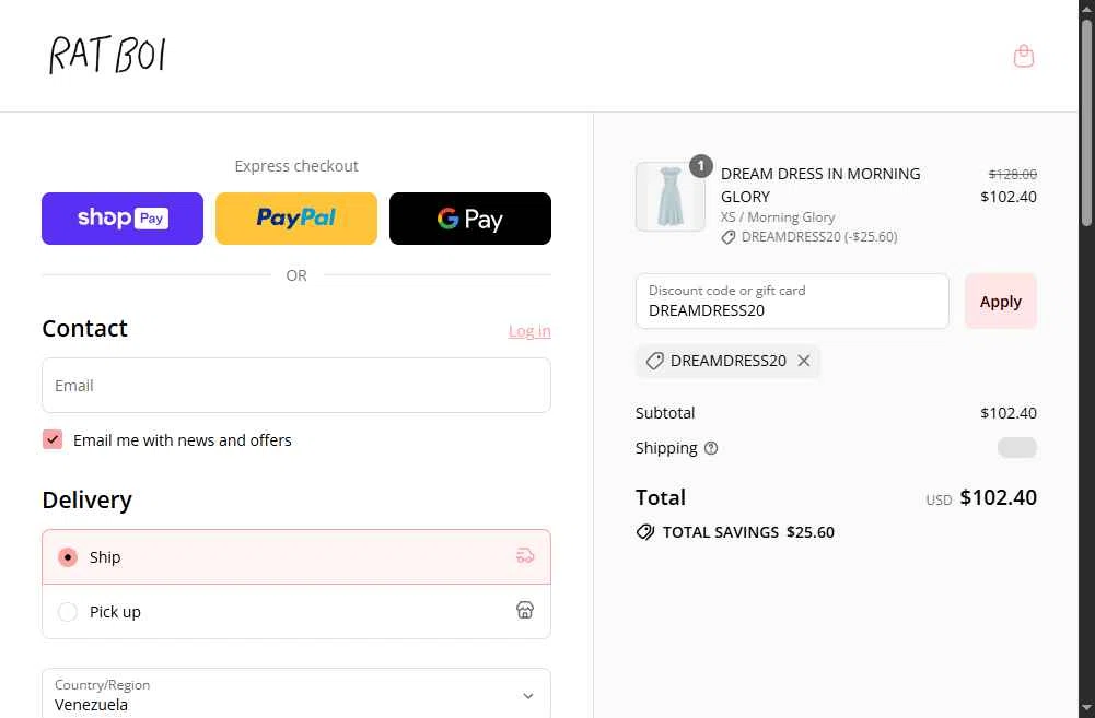 RAT BOI checkout page showing RAT BOI discount code box | Screenshot taken by SimplyCodes community member on Aug 24, 2025