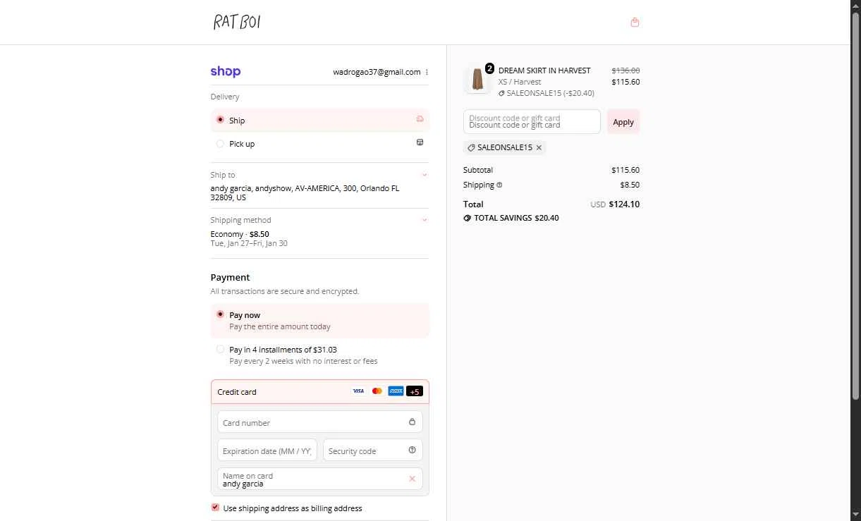 RAT BOI checkout page showing RAT BOI discount code box | Screenshot taken by SimplyCodes community member on Jan 15, 2026