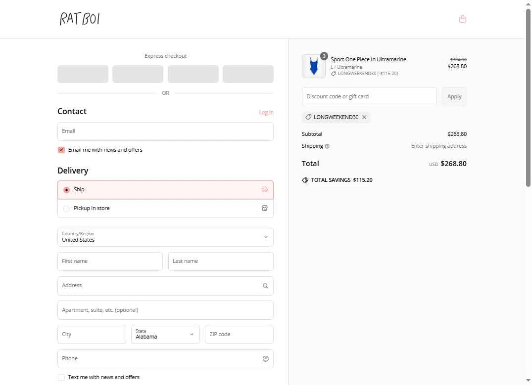 RAT BOI checkout page showing RAT BOI discount code box | Screenshot taken by SimplyCodes community member on May 20, 2025