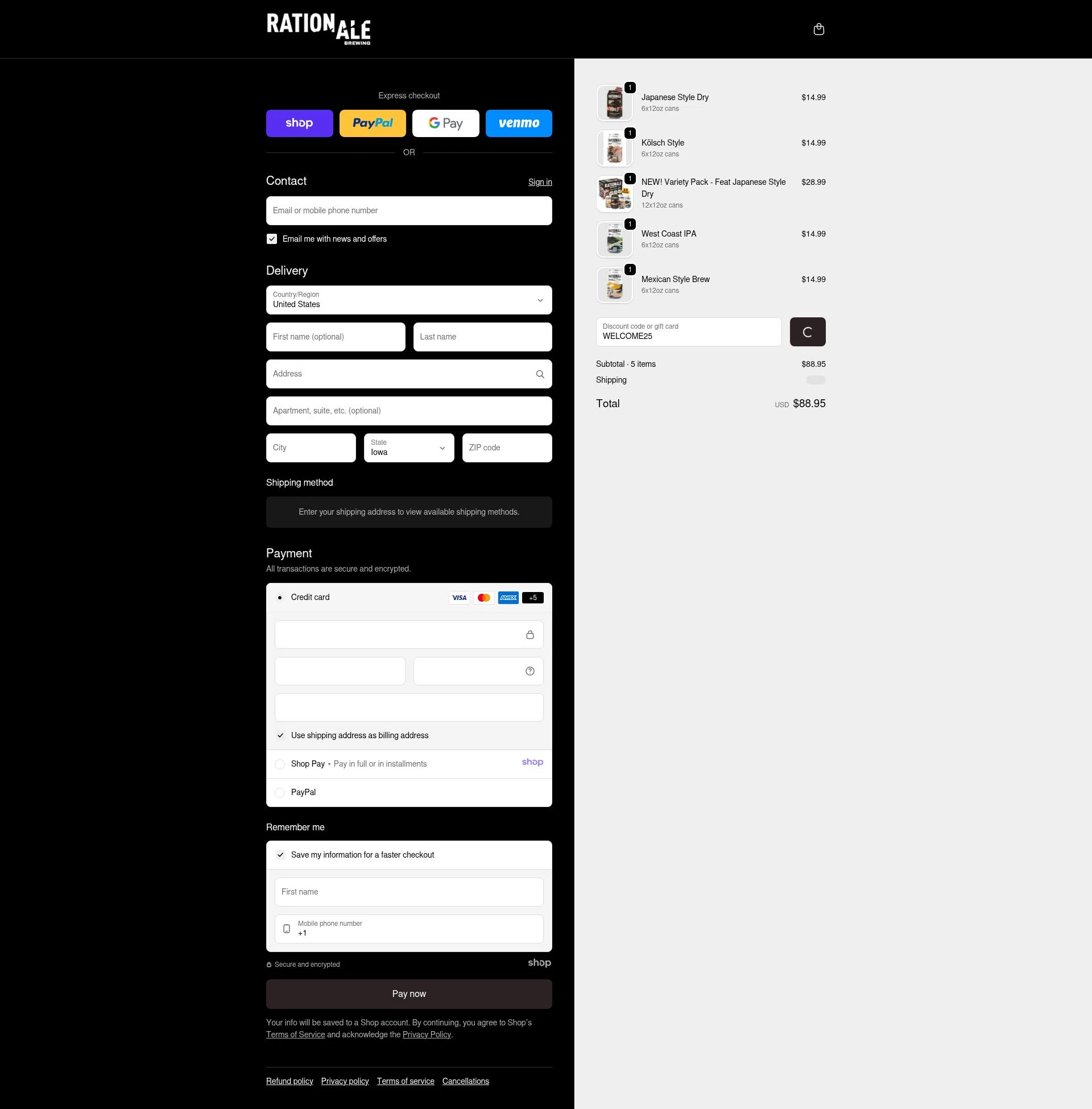 RationAle Brewing checkout page showing RationAle Brewing promo code box | Screenshot taken by SimplyCodes community member on Dec 28, 2025
