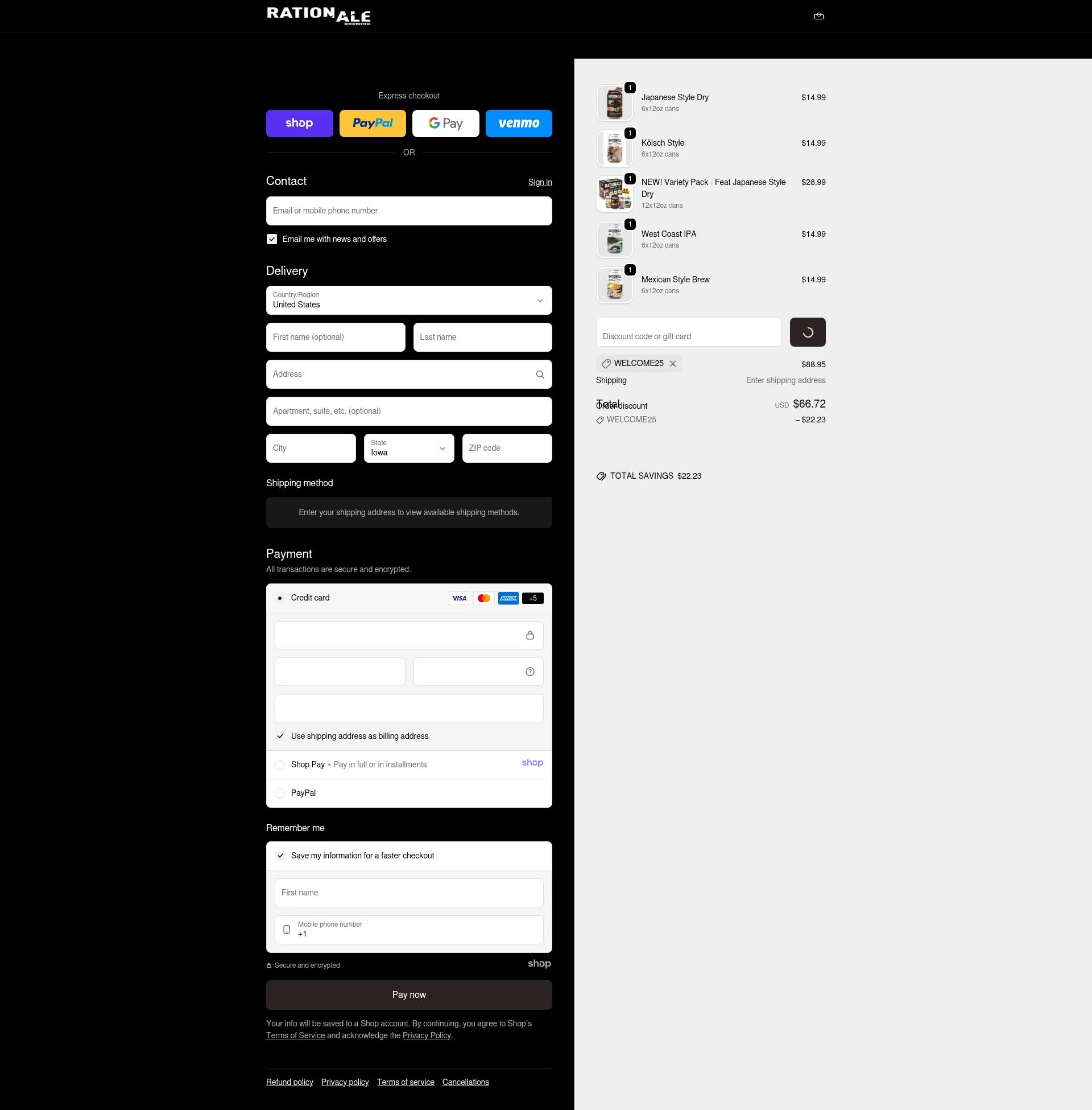 RationAle Brewing checkout page showing RationAle Brewing promo code box | Screenshot taken by SimplyCodes community member on Jan 7, 2026