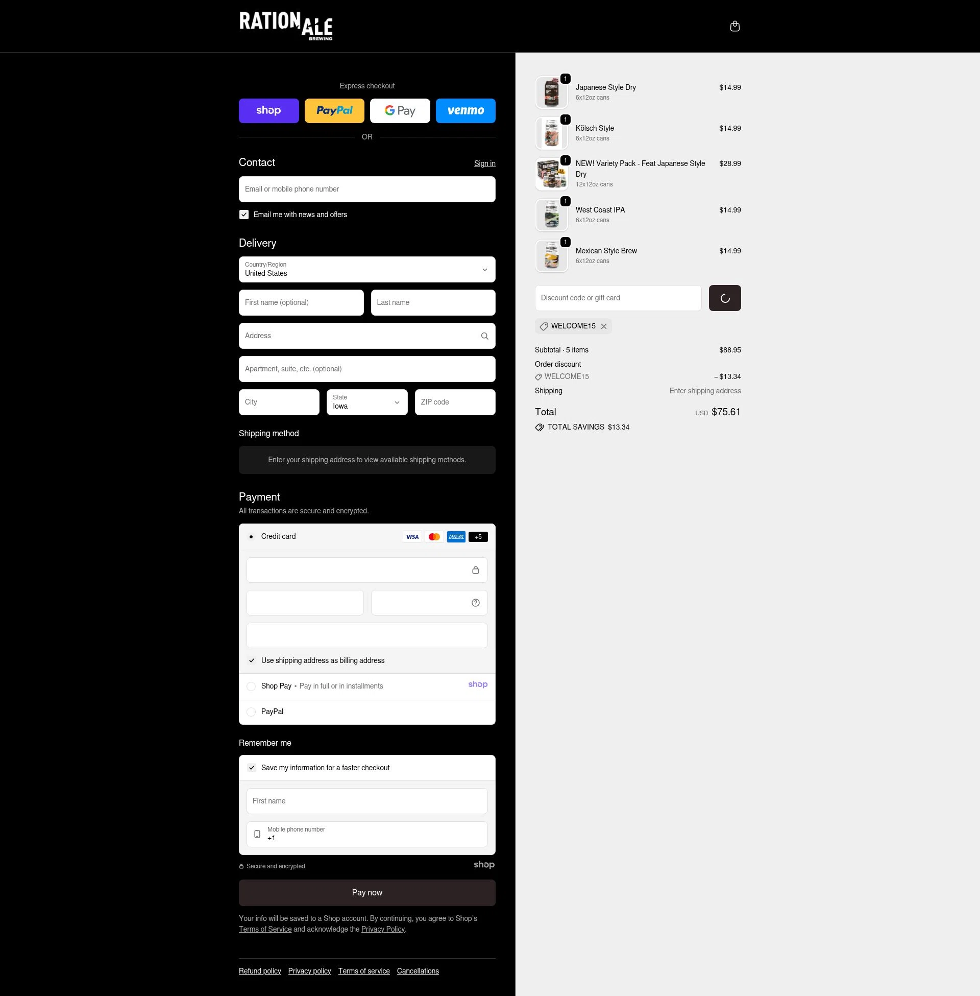 RationAle Brewing checkout page showing RationAle Brewing promo code box | Screenshot taken by SimplyCodes community member on Jan 7, 2026
