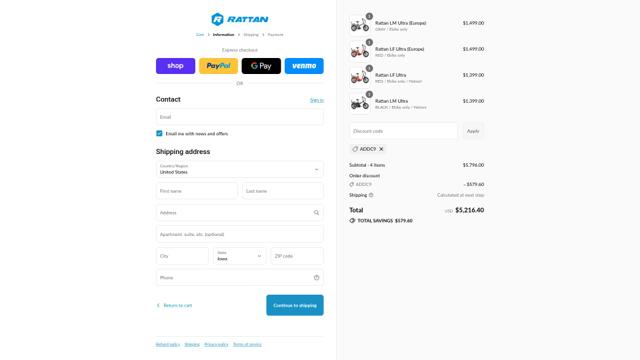 Rattan Ebike checkout page showing Rattan Ebike discount code box | Screenshot taken by SimplyCodes community member on Sep 14, 2025