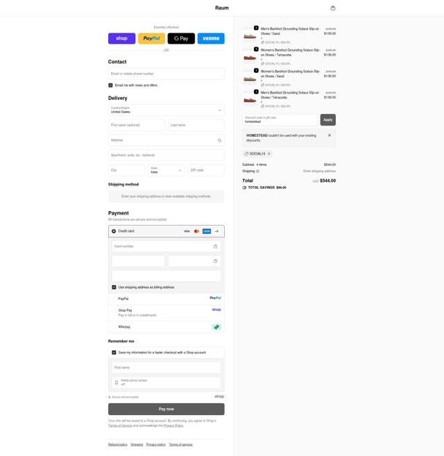 Raum Goods checkout page showing Raum Goods promo code box | Screenshot taken by SimplyCodes community member on Oct 3, 2025