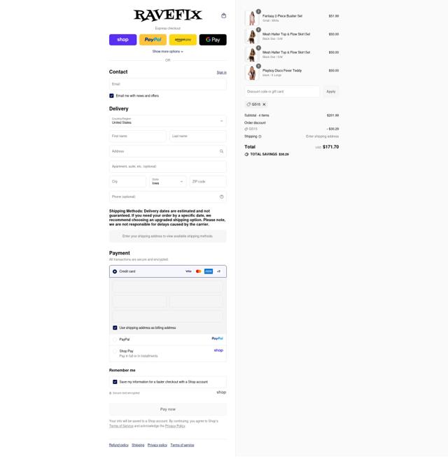 Rave Fix checkout page showing Rave Fix discount code box | Screenshot taken by SimplyCodes community member on Sep 11, 2025