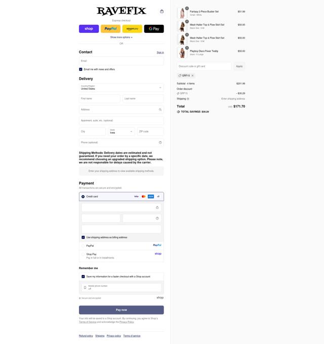Rave Fix checkout page showing Rave Fix discount code box | Screenshot taken by SimplyCodes community member on Sep 11, 2025