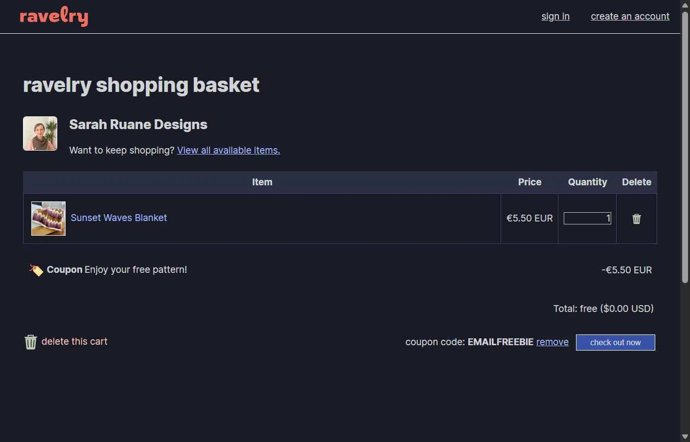 Ravelry checkout page showing Ravelry coupon code box | Screenshot taken by SimplyCodes community member on Jan 10, 2026