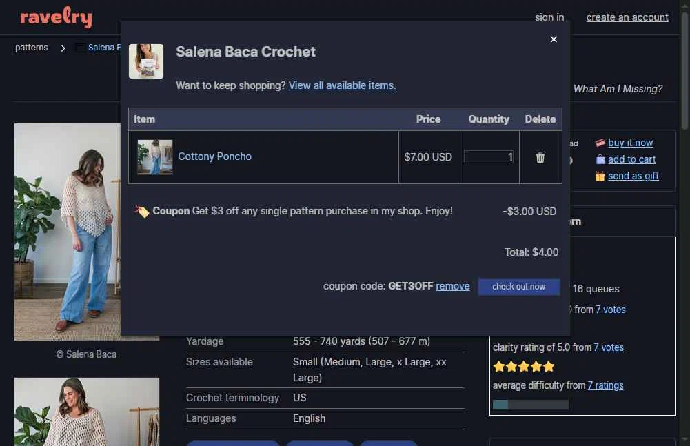 Ravelry checkout page showing Ravelry coupon code box | Screenshot taken by SimplyCodes community member on Jan 22, 2026