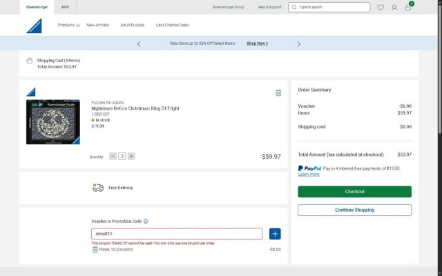 Ravensburger checkout page showing Ravensburger coupon code box | Screenshot taken by SimplyCodes community member on Aug 23, 2025