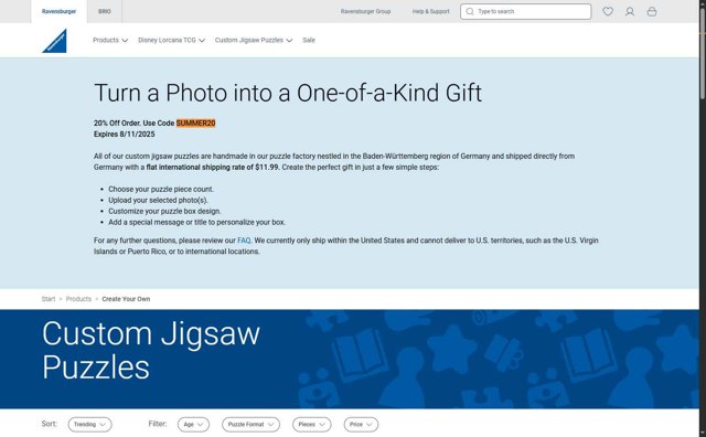 Ravensburger checkout page showing Ravensburger coupon code box | Screenshot taken by SimplyCodes community member on Aug 4, 2025