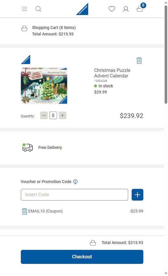 Ravensburger checkout page showing Ravensburger coupon code box | Screenshot taken by SimplyCodes community member on Jul 25, 2025