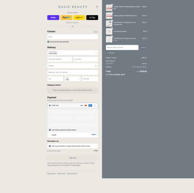 Ravie Beauty checkout page showing Ravie Beauty discount code box | Screenshot taken by SimplyCodes community member on Sep 16, 2025