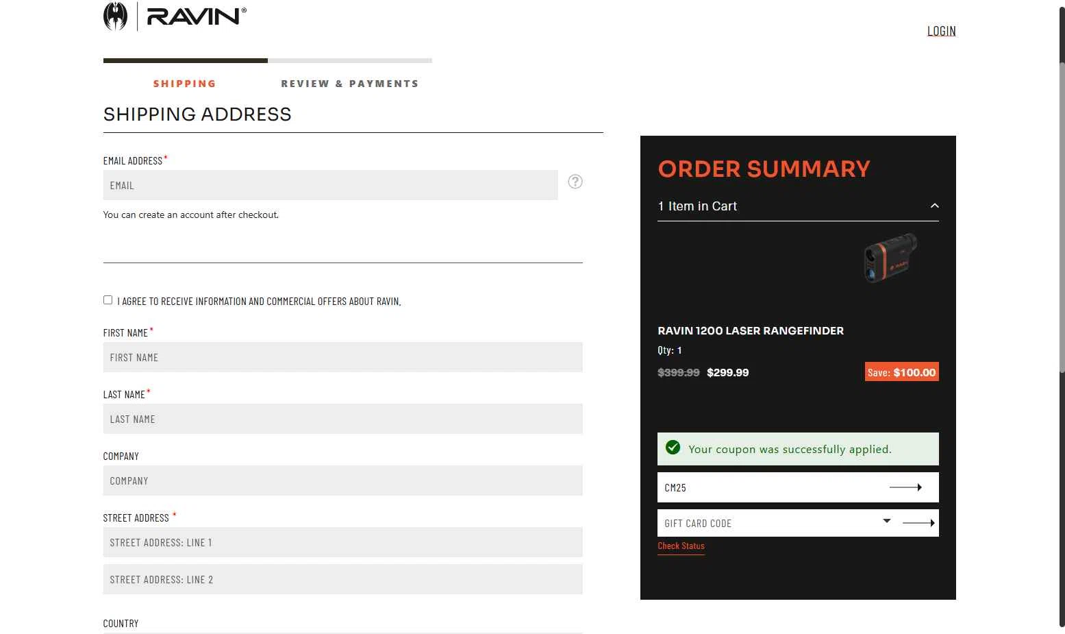 Ravin Crossbows checkout page showing Ravin Crossbows promo code box | Screenshot taken by SimplyCodes community member on Dec 1, 2025
