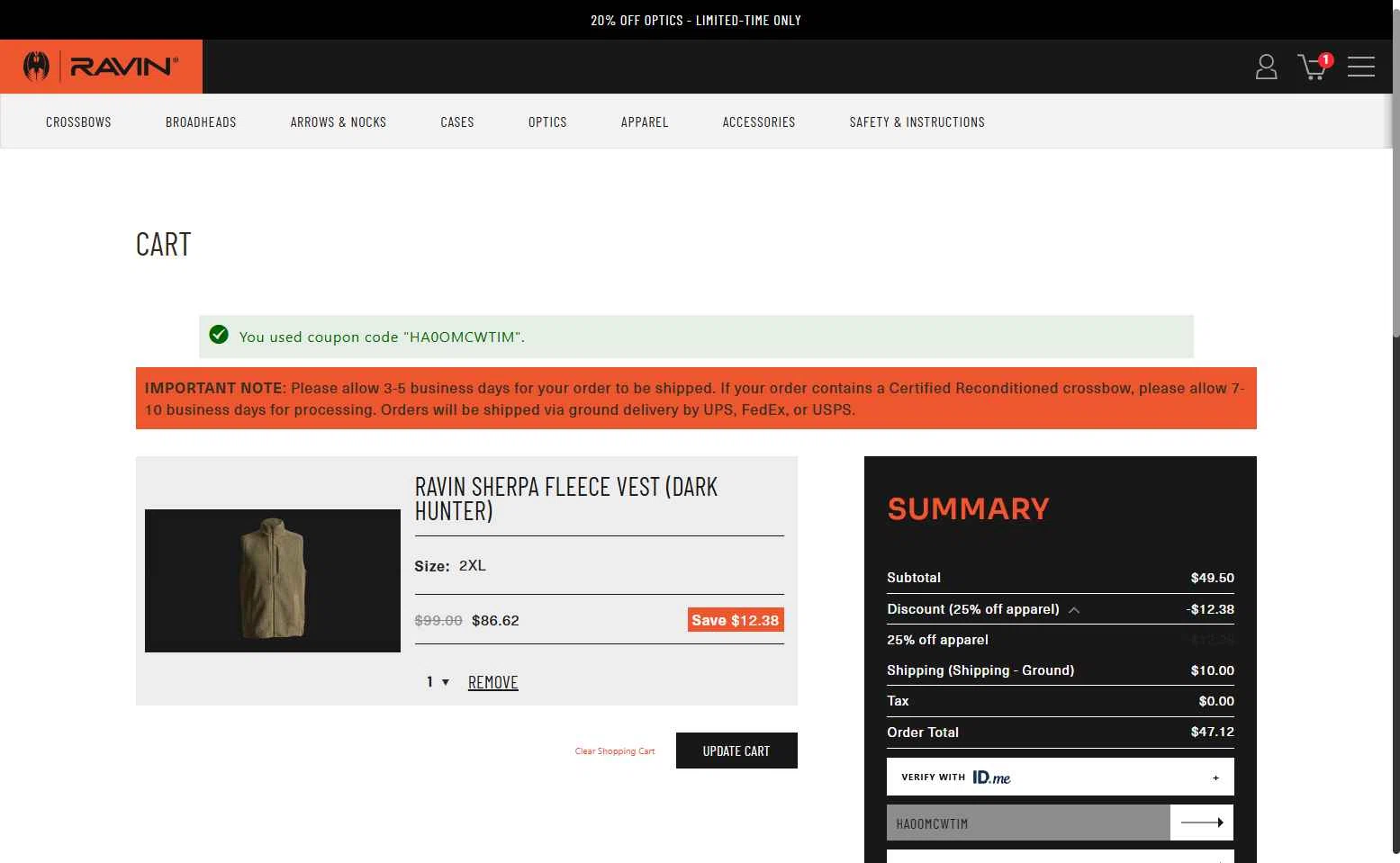 Ravin Crossbows checkout page showing Ravin Crossbows promo code box | Screenshot taken by SimplyCodes community member on Oct 2, 2025