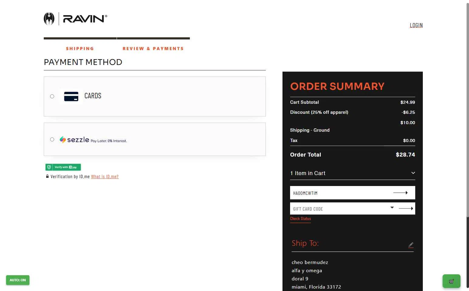 Ravin Crossbows checkout page showing Ravin Crossbows promo code box | Screenshot taken by SimplyCodes community member on Oct 2, 2025
