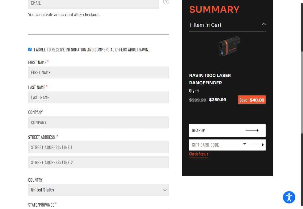 Ravin Crossbows checkout page showing Ravin Crossbows promo code box | Screenshot taken by SimplyCodes community member on Oct 21, 2025