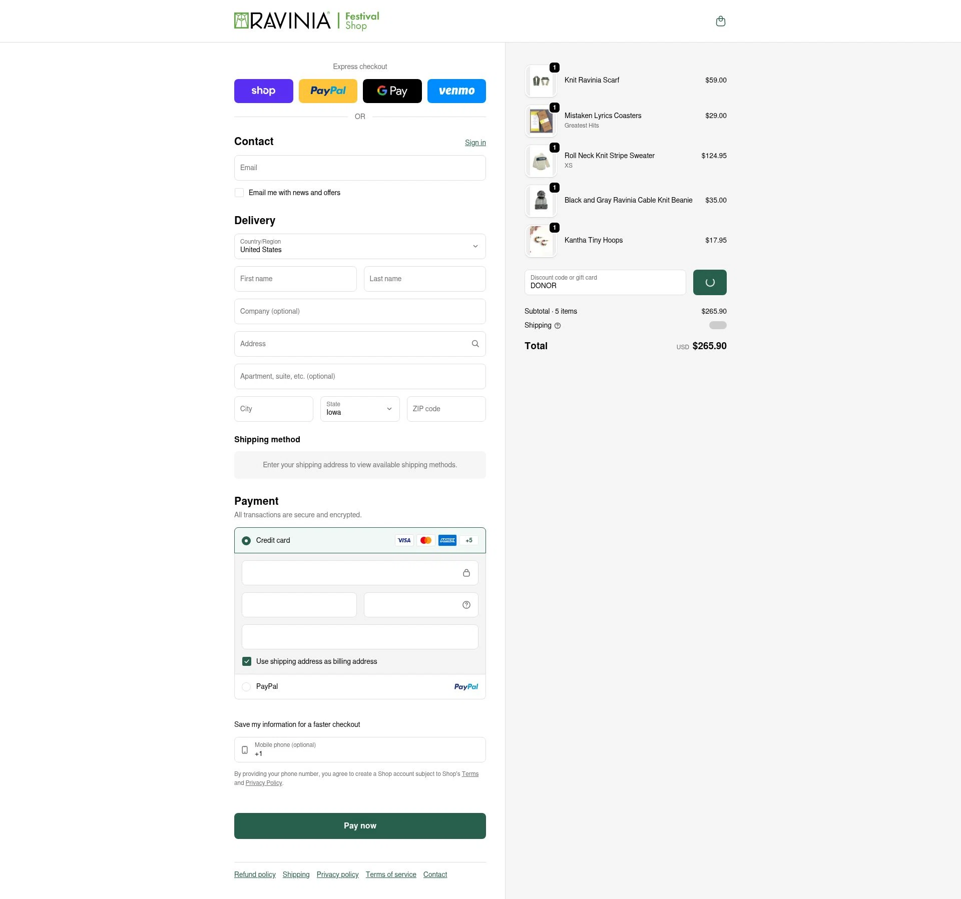 Ravinia Festival checkout page showing Ravinia Festival coupon code box | Screenshot taken by SimplyCodes community member on Feb 4, 2026
